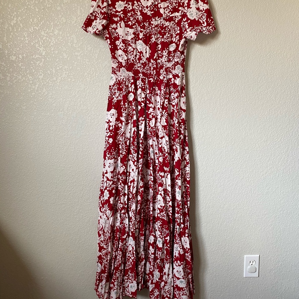 Red and white floral maxi dress